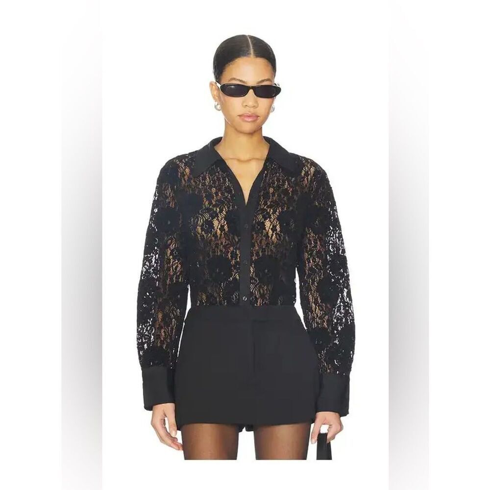 Free People Faith Lace Button-Up Shirt Black Sheer Lace Blouse size Small